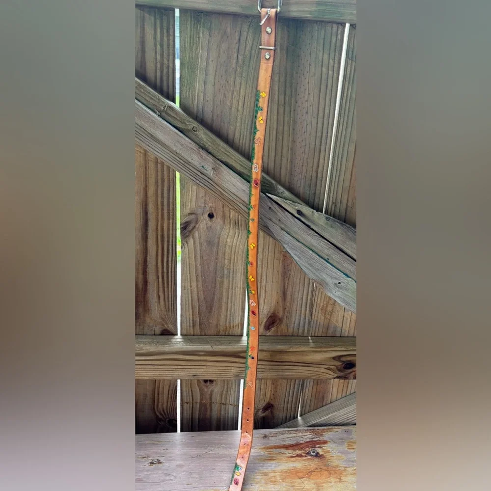 Hand Tooled & Painted Leather Belt Flower Bunny Deer Butterfly Ladybug Mushroom